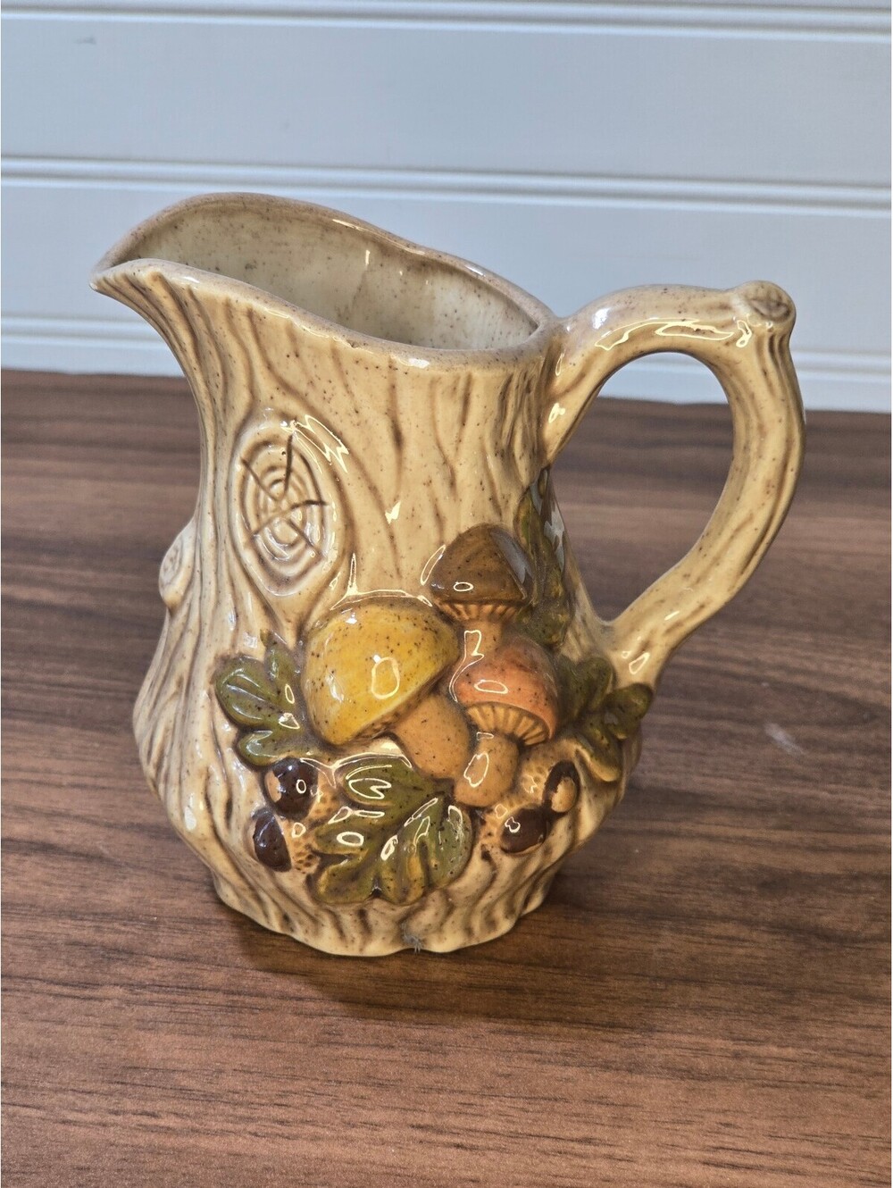 Mushroom Woodland Ceramic Pitcher Tree Trunk Acorn Cottagecore Decor